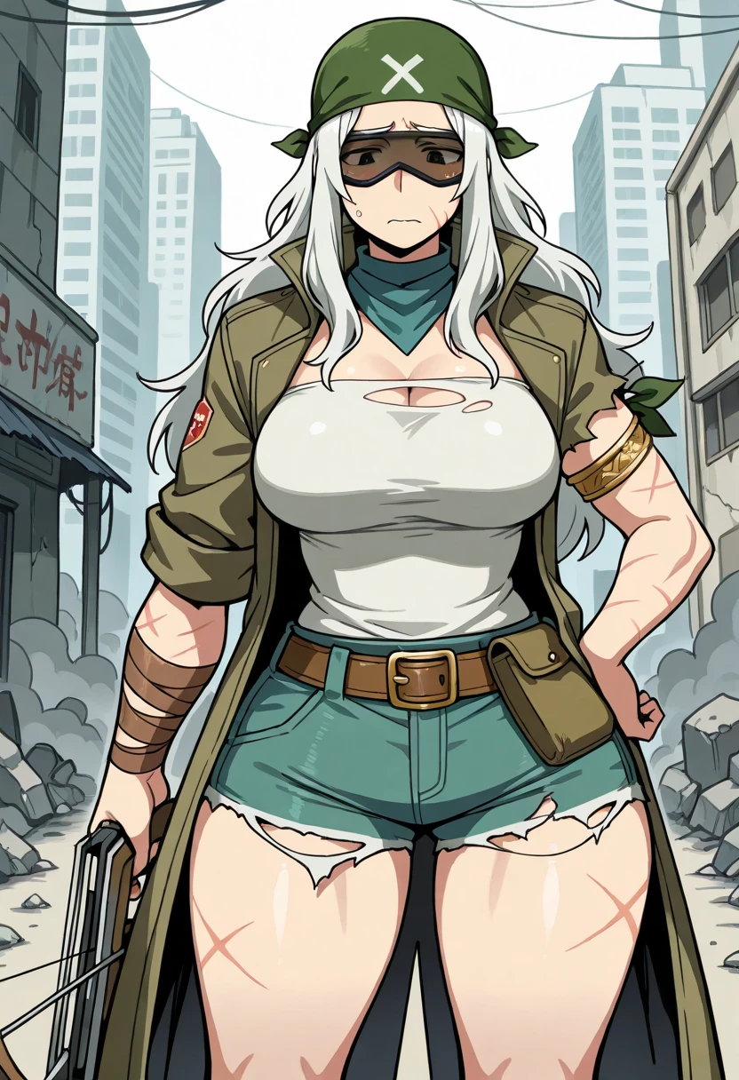 green solid background, 1 woman, best quality, ultra high res, long hair, white hair, purple eyes, full lips, military pants, white tank top, hard nipples, sleepy at viewers, double D breast, standing, full body, holding pistol
