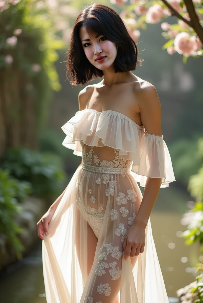 A beautiful european girl, Eve, wearing white organza dress, transparent dress, white transparent stockings, full body. She is 24 years old, has light brown hair, long fair hair, curly hair and light blue eyes. Her cloth is stylish and her overall appearance is stunning. The girl's face is extremely detailed with beautifully detailed lips. Her skin is anatomically correct with realistic textures. The image should have super high details and be of the best quality, with a resolution of 8K. The final result should be a masterpiece, showcasing the girl's beauty and the vibrant atmosphere of the garden and apple trees