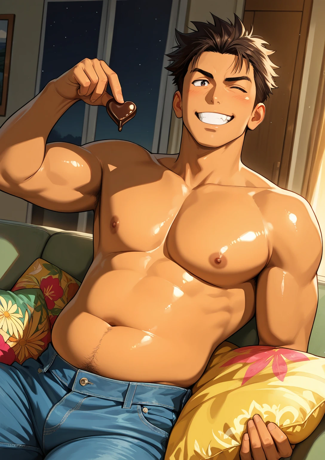 Bakugou Katsuki drinking milkshake in the living room with open shirt and hawaii shorts, bare chested sweating heavily. There are sunglasses on the head.