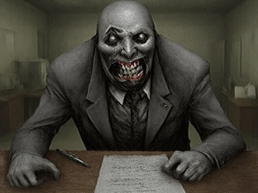 Disturbed demonic male in business suit, crazy look in his eye, large grin on his face, insane