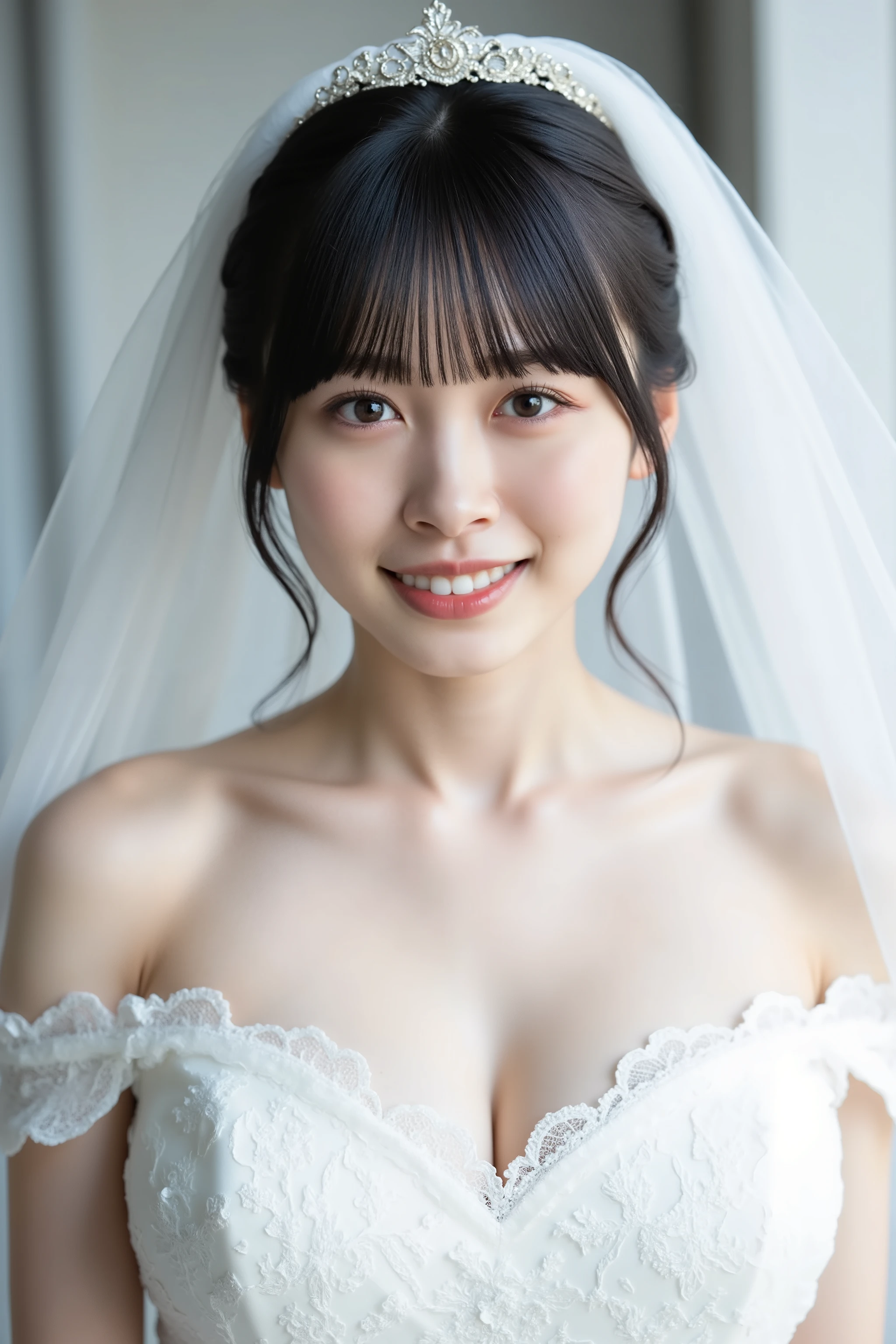 This photo captures a beautiful Japanese woman. White lace off-the-shoulder wedding dress, wedding veil,
The image is very high resolution, with clear skin texture.
The focus is very sharp and focused on her face.
This is an ultra-high resolution image.
Her facial expression is sexy.
She is facing forward.
She has shiny black hair.
Her skin is beautiful, fair, fine-grained, and even.
Her breasts are medium and firm.
office, city view, Skyscraper
Her breasts are medium and firm.
office, city view, Skyscraper