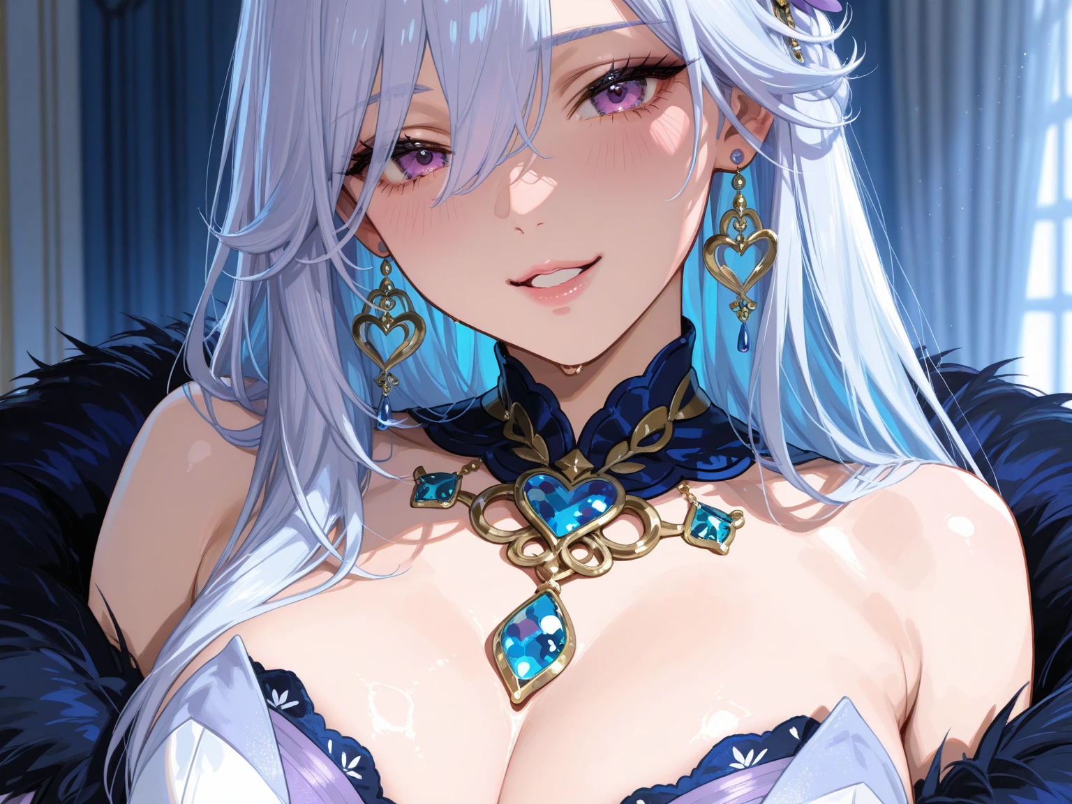 Young, long white hair, heterochromia, (left eye blue, right eye purple), white cat ears, turquoise top, open chest, tattoos, smile, masterpiece, high quality