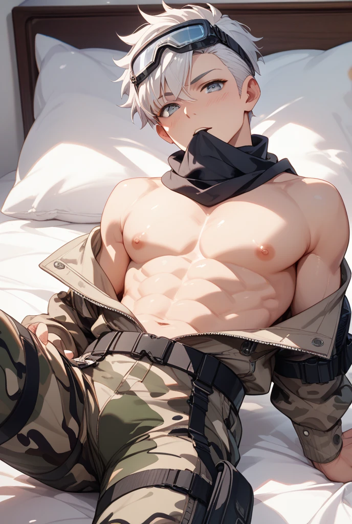 White-haired and black-clothed anime boy lying on the bed, gigachad muscular,, Male Art, muscular!!, Cool anime poses, muscular的姿势,Handsome Saitama, Extremely detailed artger,, High-quality fanart, Anime handsome man, (SFW) Work, tear