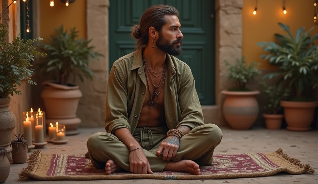 1 half-naked Bedouin, Man 20 years old, Sits under a patterned canopy, among the pillows, Boho, Ethno style, Incense sticks, on the carpet, drinks tea, (appearance: swarthy dark-haired, without a beard, Green attentive eyes, beatiful face), Masterpiece, ultradetail, hyper realisitc, Against the backdrop of desert dunes
