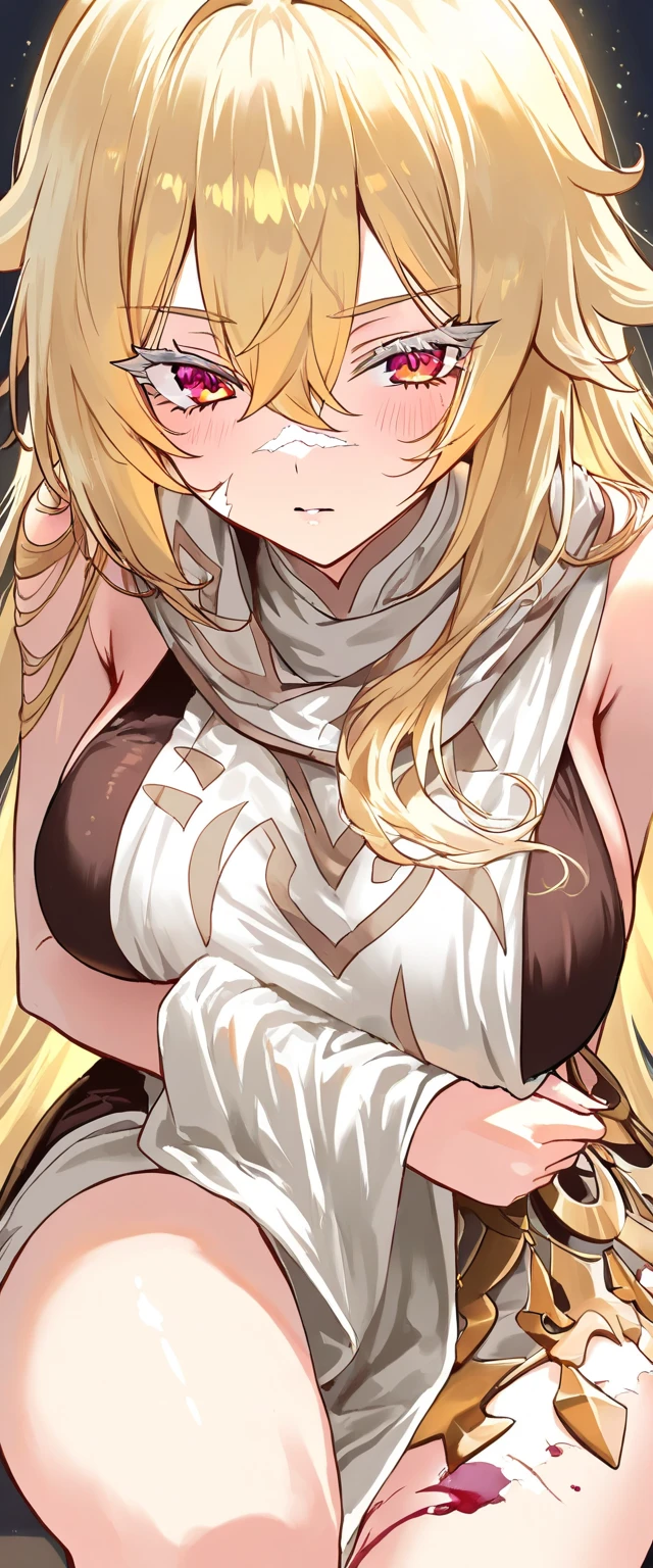 ((masterpiece)), ((best quality)), 1girl, adult, long hair, big bust, ((blonde hair)), very long blonde hair, ((intimidant look)), ((close-up)), profile image, green eyes, black and red clothes, sexy, dark colors, brillant eyes, ((coat with fur)), ((wavy hair)), exposed skin, ((sexy pose)), ((intimidant look)), good anatomy, ((dark sage clothes)), ((straight cut bangs)), emotionless, intimidant, ((beautiful eyes)), dark background, close up, ((detailed eyes)), beautiful eyes, ((detailed face)), hair bang, frontal look, evil, relaxed, smile, magical goddess othinus, abs, detailed face, eyepatch, huge tits, full body, ((detailed))