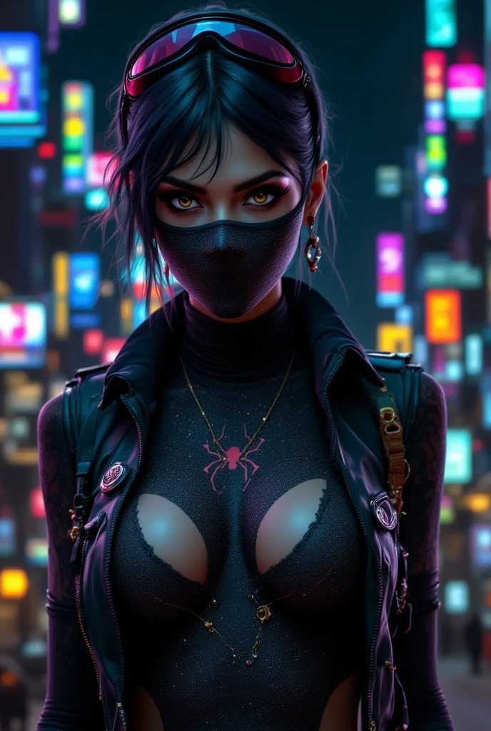 1girl, solo, mask,looking at viewer, gren hair, braid hair , upper body, mouth mask, holding, brown eyes,nude, medium breasts, green background, halftone, cable,neon lights,(cyberpunk:1.2),