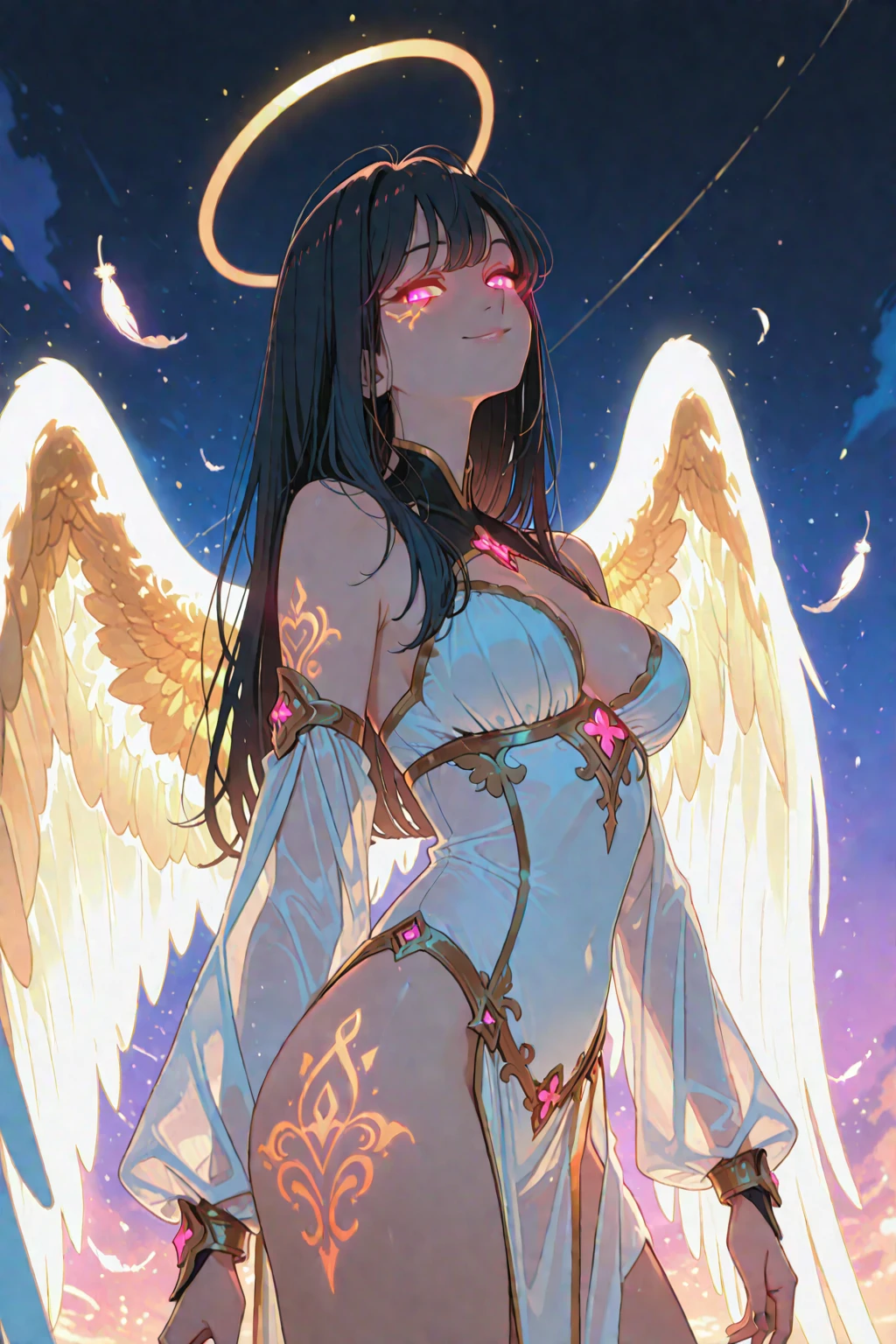 Highest quality,Highest Resolution,Smiling beautiful girl in maid leotard,White angel wings on your back,Halo,High leg,Frills,Knee-high stockings,front,whole body,up,universe,Milky Way,meteor,Earth,Very beautiful eyes,