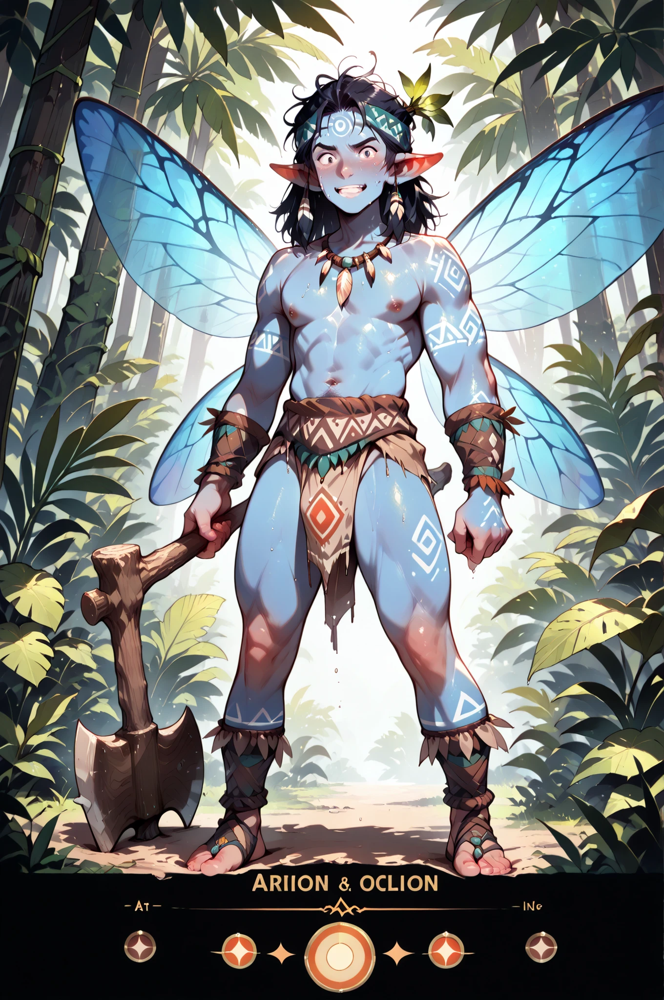 (masterpiece, best quality:1.2), highly detailed, nsfw, rated_excited, solo, 1 man, mature man, a male fairy, blue skin black hair, athletic slander body,  fairy wings, tribal clothes, armed with a wooden axe, magic circles shining around him, a tropical forest on background, action illustration,
