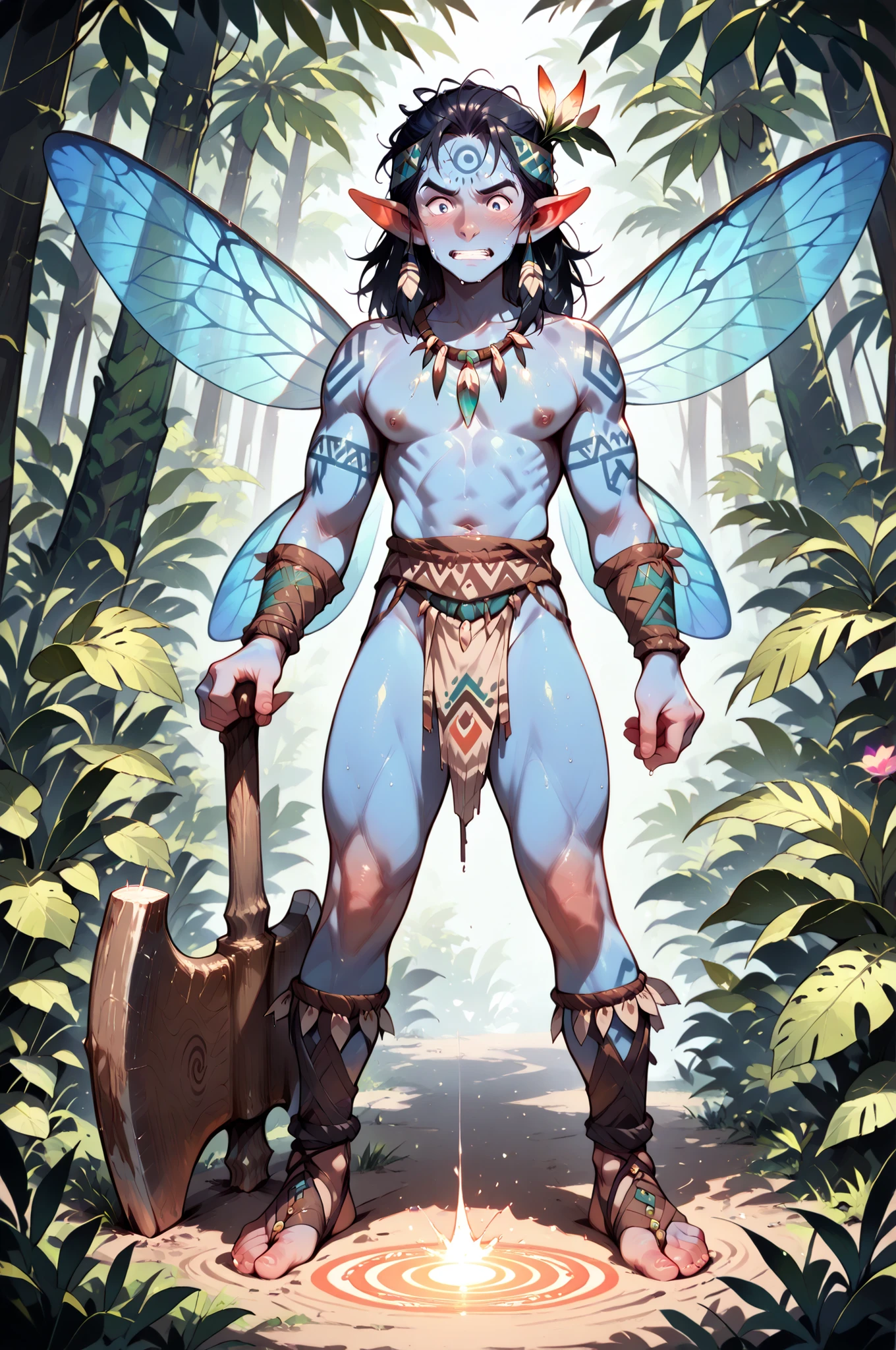 (masterpiece, best quality:1.2), highly detailed, nsfw, rated_excited, solo, 1 man, mature man, a male fairy, blue skin black hair, athletic slander body,  fairy wings, tribal clothes, armed with a wooden axe, magic circles shining around him, a tropical forest on background, action illustration,