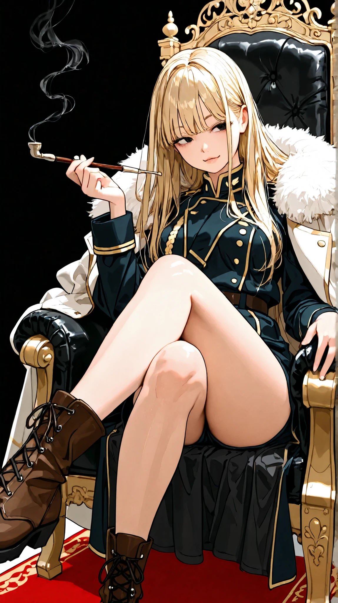1girl、Blonde、super long straight hair、Black eyes、Beautiful eyes、Military uniform、Brown boots、sharp eyesight、There is a coat made of polar bear fur that lifts one cheek、Muscular Body、is sitting(cross your legs)、smoking pipe)、
black background、Royal Family、Gold-rimmed throne、red carpet、Ambitious lighting from above、There is a coat made of polar bear fur、dignity、