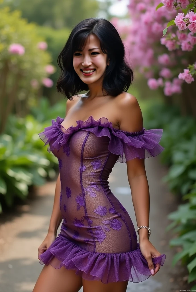 A girl wearing blue angel wings, sunlight shining on her face, eyes looking straight ahead, tulips in her hair, skin as white as a peeled egg, long black hair in pigtails, and a pair of breasts. seductively large and covered with a purple bra, wearing a short purple dress, standing in a muddy pond