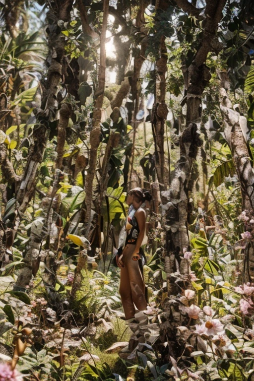 palm tree, plant, potted plant, tree, leaf, bamboo, grass, palm leaf, tanabata, jungle, tanzaku, no humans, nature, branch, outdoors, lily pad, bare tree, ivy, flower, coconut, bush, pond, scenery, foliage, bamboo forest, vines, water, forest, rock, day, a naked beautiful woman sitting on the rock above the water, fit body, brunette hair, messy hair, pale skin,nipples,areola,spread legs,red lips,bare feet,veiny feet,abs,flat chested,large pectorals,groin,pussy,slim waist