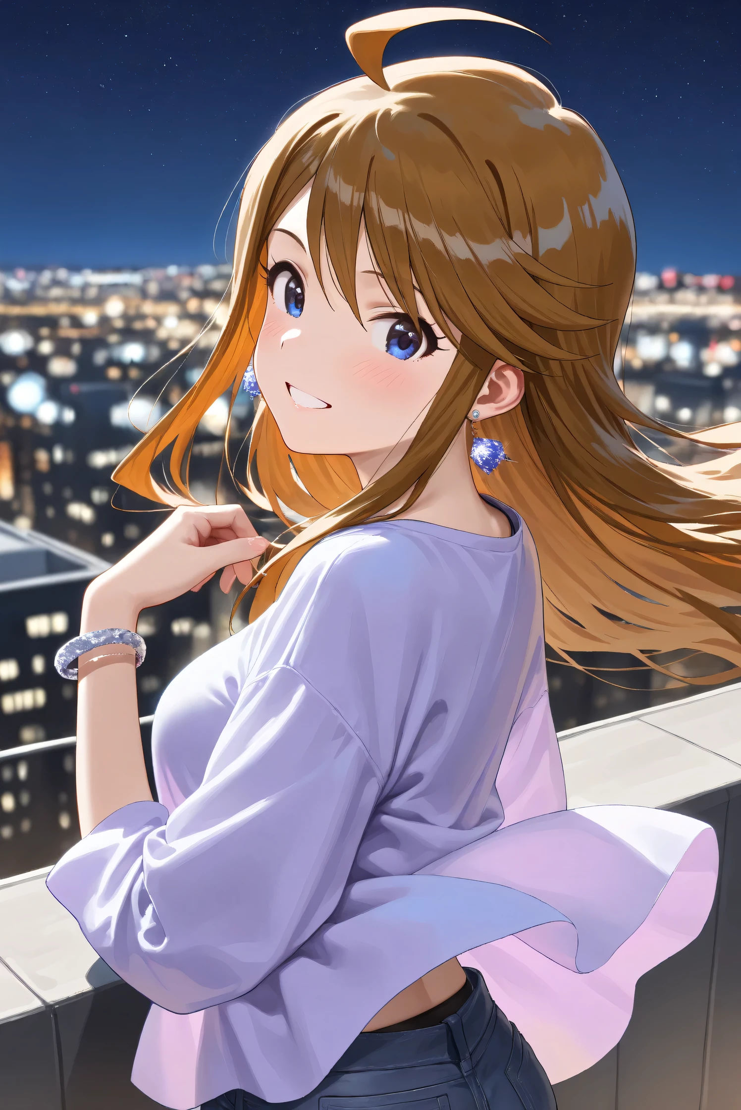 (Masterpiece), (Highest quality), (Very detailed), 
(The best shape), (Best Shadow), (Absurd), 
(Detailed background), (So beautiful), (Shiny), 
(Extraordinary), (Countershading), (8k), (32K), 
(High resolution), (Very Detailed CG), (UHD),

(Score_9), (Score_8_up), (Score_7_up), 
(Source_anime), (Pastel painting:1.2), 
(Watercolor painting:1.2),(Masterpiece, Detailed:1.2), (Foreshortening:1.2),

(Cinematic), (Dramatic), (Depth of field:1.4),
(Blurry background:1.4), (Realistic background:1.4),
(Dynamic angle), (1 girl),
(Outdoor), (Wind), (Japan), (Big city), (Night), 
(Night view), (starry sky), (Rooftop),

(Casual wear:1.3),
(black underwear),
(Vneck shirt), (Lilac shirt), (big shirt),
(medium sleeves shirt:0.8), (Shirt hem),
(purple short denim:1.2),
(one bracelet), (Earrings),

(Portrait), (from back),
(Focus on face), (Close up shot),
(Blush:1.3), (grin), (happy), (parted lips), 
(looking back),
(Realistic skin), (Shiny skin),

(Tokoro Megumi),
(The idolmaster million live!),
(t0kor0), (medium breasts), (blue eyes), (brown hair), (swept bangs), (sidelocks), (ahoge), (long hair),