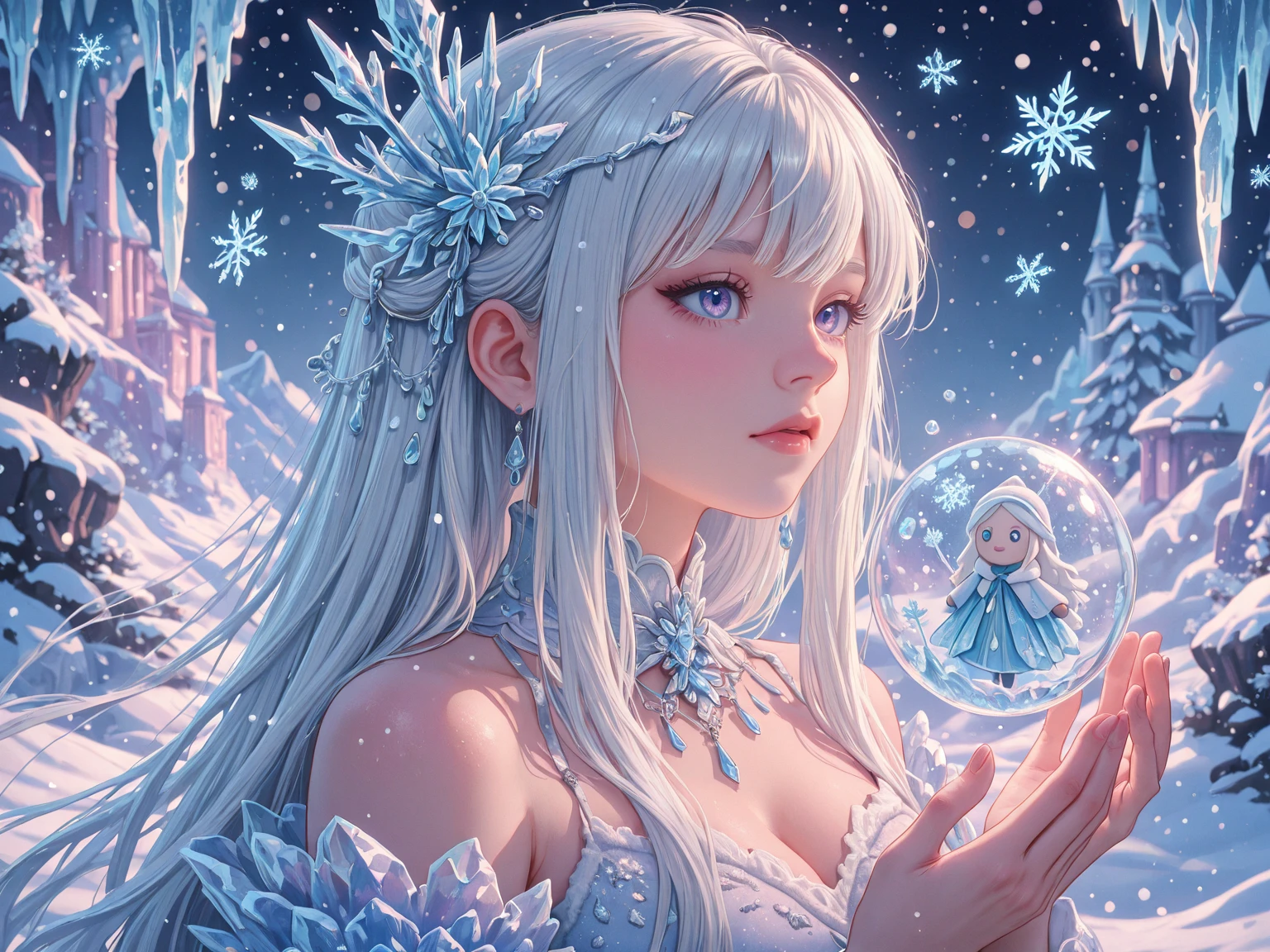 A cute ice elf woman with blue skin, deep blue eyes, pointy ears, waist length pale hair, wearing a sapphire sequin sparkling sheer night gown, inspecting her ice sculpture flower garden in a snow landscape at twilight, (best quality,4k,8k,highres,masterpiece:1.2),ultra-detailed,(realistic,photorealistic,photo-realistic:1.37),detailed ice sculpture flowers,snowy landscape,ethereal lighting,fantasy,magical,cinematic