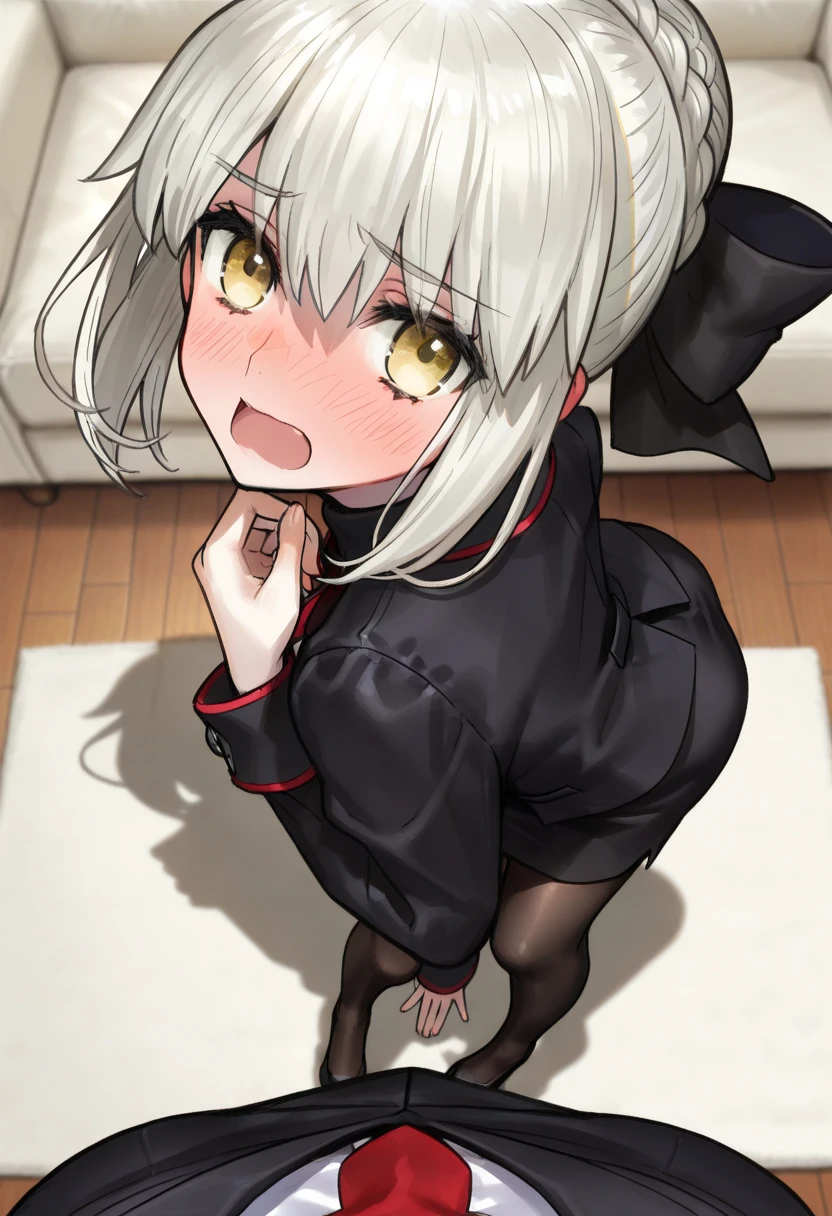 A  girl, with white hair, Black horns, The eyes are red, Black Livchik, black panties, ass big, spanked, Red butt, To the room.
