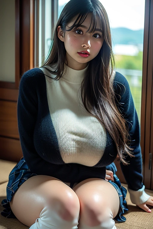 Beautiful sensual woman with a curvy body, long hair, bangs, french braid, wide waist, fitting breasts, curvy accentuated booty, sparkling eyes, long eyelashes, Strong calves, shy Look, taniaayusiregar, cardigan, leggings, sneakers, sitting on a bench, porch of a small Mountain hut, evening in Winter, photorealistic, Masterpiece, bokeh, Volumetric lighting, winter season atmosphere, shot from the side
