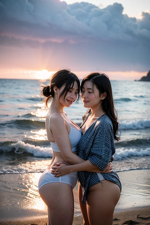 8k, RAW photo, best quality, masterpiece, realistic, photo-realistic, clear, professional lighting, beautiful face, best quality, ultra high res, ２People Girls,japanese,Hugging from behind,full body,Overflowing with happy smiles,bikini,midium bretht, midium hair, Beautiful and fantastic beach