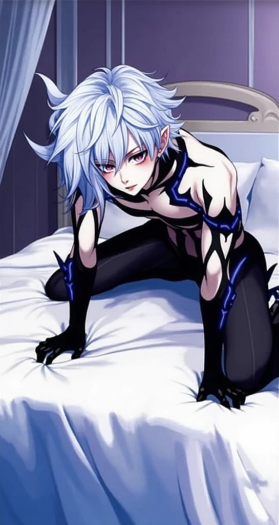 Bright eyes, panorama, character focus, solo, furry, furry male dragon, surrender, male black and white fur, blue eyes, gray hair (long), blue stripes, bare body, gray shorts, red and blue different pupils, eyes with love, young style, height one meter seven, handsome, has a wolf tail, a pair of dragon wings, full body portrait, lying on bed, excitement, milk, full body, bed, bedroom, dim, multiple octopus tentacles, binding, entanglement, drool