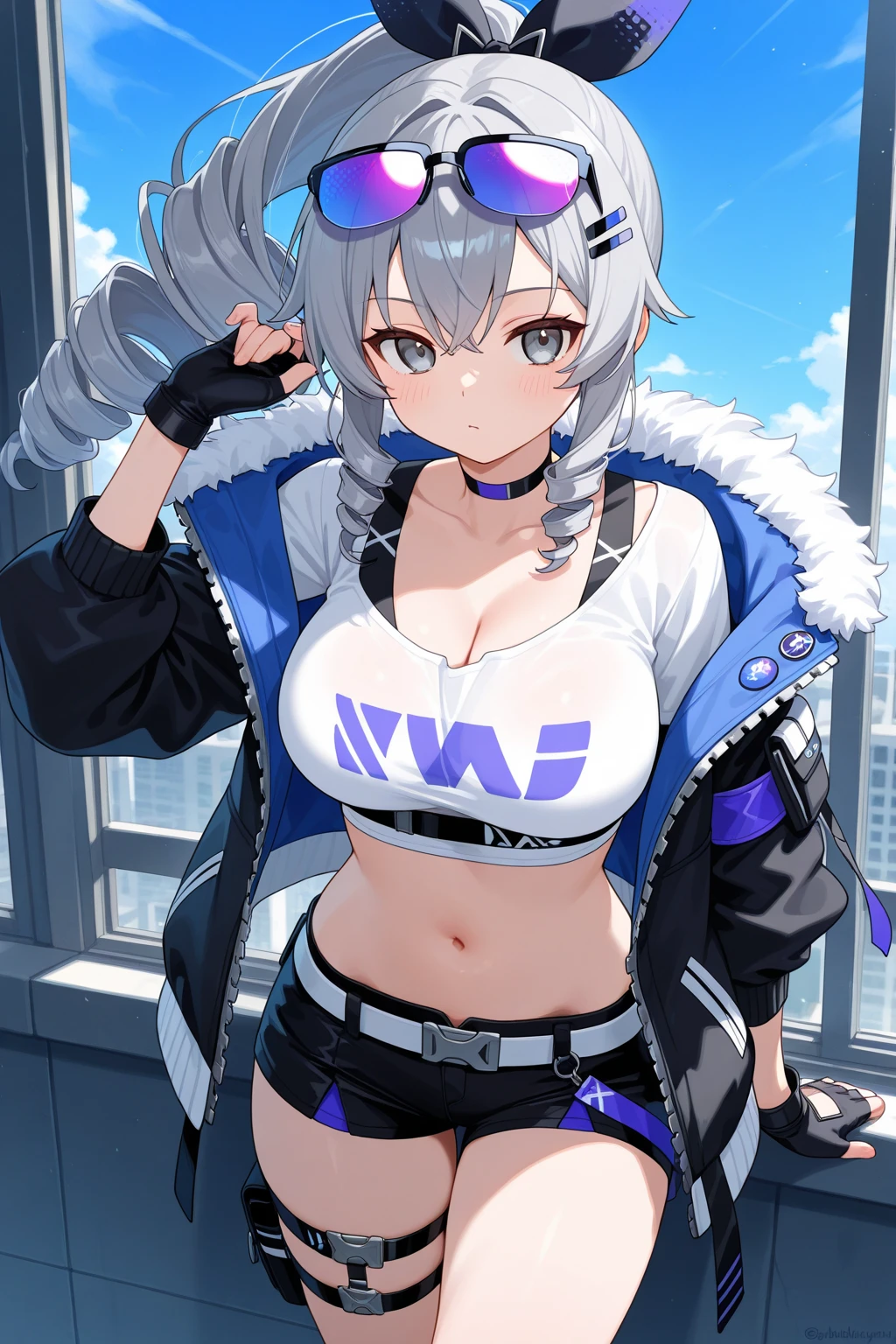 masterpiece, best quality, highres, 8k, JK,huge tit,1girl,in sofa,silver wolf, gray eyes, high ponytail, cyberpunk, white top, open belly, shorts, fur coat,sitting