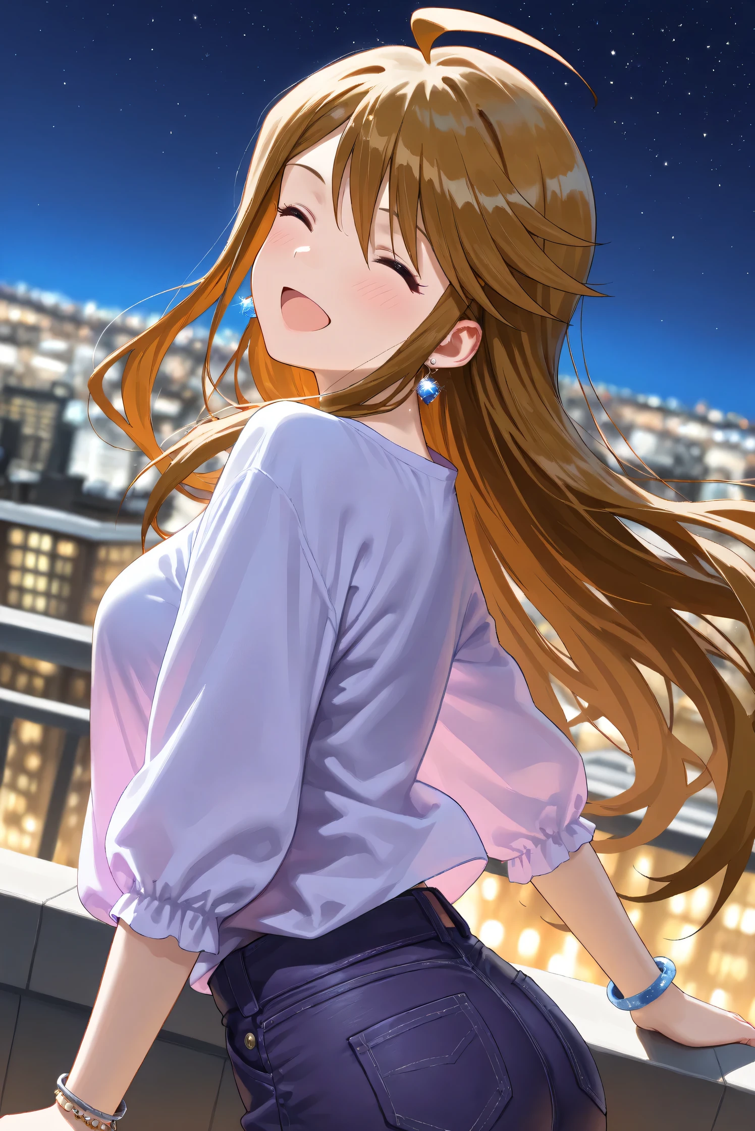 (Masterpiece), (Highest quality), (Very detailed),
(The best shape), (Best Shadow), (Absurd),
(Detailed background), (So beautiful), (Shiny),
(Extraordinary), (Countershading), (8k), (32K),
(High resolution), (Very Detailed CG), (UHD),
(Score_9), (Score_8_up), (Score_7_up),
(Source_anime), (Pastel painting:1.2),
(Watercolor painting:1.2),(Masterpiece, Detailed:1.2), (Foreshortening:1.2),
(Cinematic), (Dramatic), (Depth of field:1.4),
(Blurry background:1.4), (Realistic background:1.4),
(Dynamic angle), (1 girl),
(Outdoor), (Wind), (Japan), (Big city), (Night),
(Night view), (starry sky), (Rooftop),
(Casual wear:1.3),
(black underwear),
(Vneck shirt), (Lilac shirt), (big shirt),
(medium sleeves shirt:0.8), (Shirt hem),
(purple short denim:1.2),
(one bracelet), (Earrings),
(Portrait), (from side), (dynamic pose),
(Focus on face), (Close up shot),
(Blush:1.3), (smile), (happy), (open mouth),
(looking back), (her eyes closed),
(Realistic skin), (Shiny skin),
(Tokoro Megumi),
(The idolmaster million live!),
(t0kor0), (medium breasts), (blue eyes), (brown hair), (swept bangs), (sidelocks), (ahoge), (long hair),