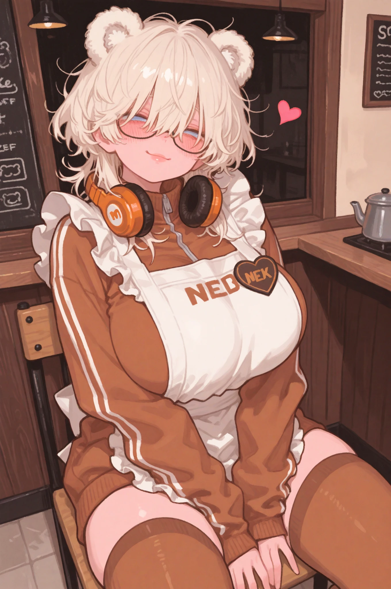 masterpiece, Highest quality, High resolution, 1 Girl Ponytail Headgear Headgear Headphones, Nipples, chest, Sitting, (Cupby, wear Cupby:1.2)