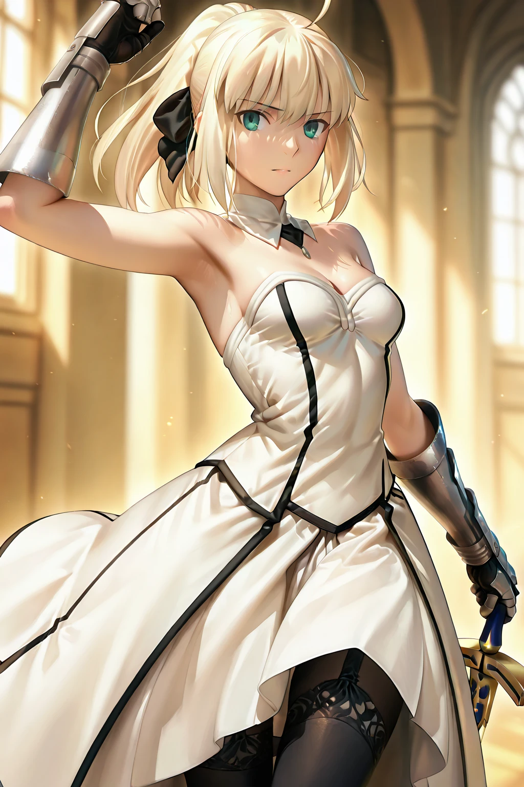 (((nsfw))),  masterpiece, best quality, CG, wallpaper, HDR, high quality, high-definition, extremely detailed, ((saber lily:1.2)), white dress, green eyes, looking at viewer, dynamic pose, smile, blushing, hearts, [English girl with blonde hair and green eyes],