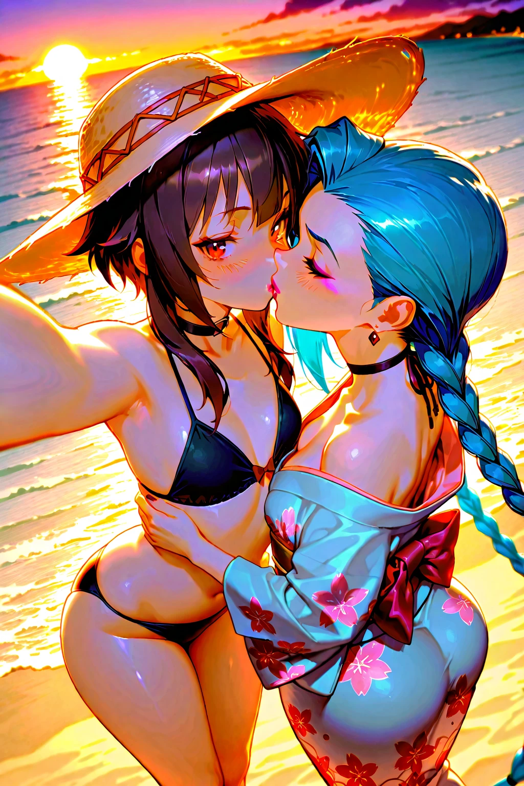 Duo, score_9,score_8_up,score_7_up, source_cartoon, source_anime, 2 woman, a tall thick darkskin woman with black hair in a ponytail and green eyes wearing a red bikini, and a tall thick lightskin woman with long dark blue hair and brown eyes wearing a blue one piece swimsuit, barefoot, rear view, kneeling, both women grabbing other woman's ass, kissing