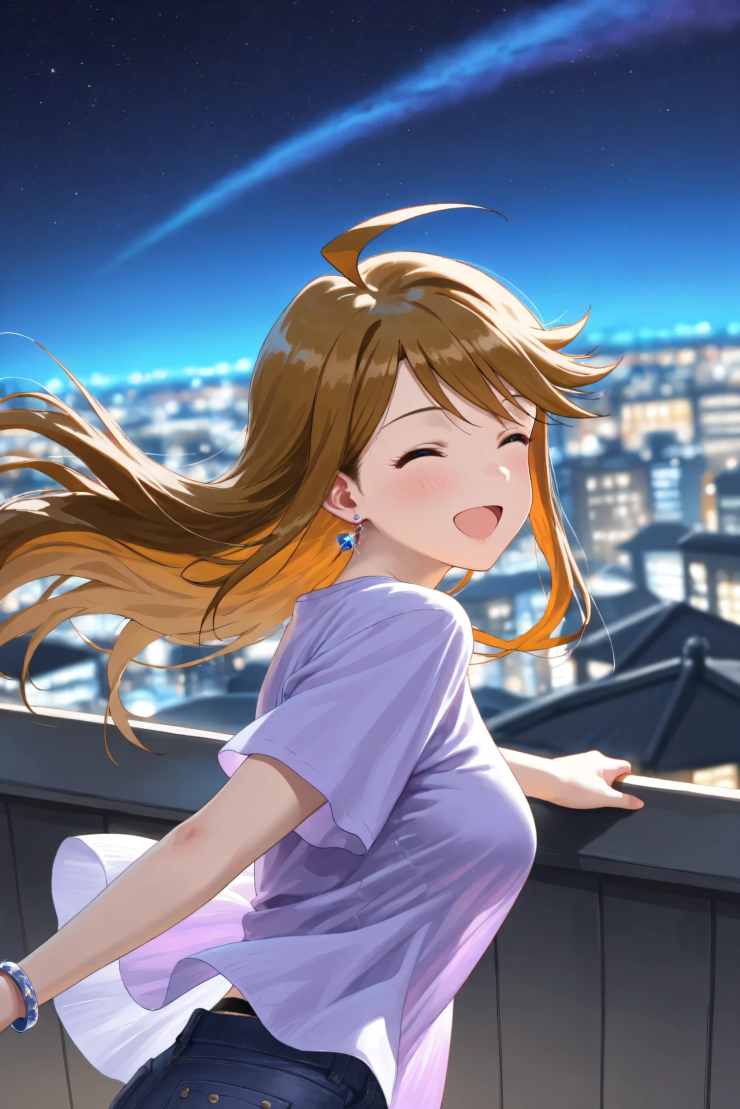 (Masterpiece), (Highest quality), (Very detailed),
(The best shape), (Best Shadow), (Absurd),
(Detailed background), (So beautiful), (Shiny),
(Extraordinary), (Countershading), (8k), (32K),
(High resolution), (Very Detailed CG), (UHD),
(Score_9), (Score_8_up), (Score_7_up),
(Source_anime), (Pastel painting:1.2),
(Watercolor painting:1.2),(Masterpiece, Detailed:1.2), (Foreshortening:1.2),
(Cinematic), (Dramatic), (Depth of field:1.4),
(Blurry background:1.4), (Realistic background:1.4),
(Dynamic angle), (1 girl),
(Outdoor), (Wind), (Japan), (Big city), (Night),
(Night view), (starry sky), (Rooftop),
(Casual wear:1.3),
(black underwear),
(Vneck shirt), (Lilac shirt), (big shirt),
(medium sleeves shirt:0.8), (Shirt hem),
(purple short denim:1.2),
(one bracelet), (Earrings),
(Portrait), (from side), (dynamic pose),
(Focus on face), (Close up shot),
(Blush:1.3), (smile), (happy), (open mouth),
(looking back), (her eyes closed),
(Realistic skin), (Shiny skin),
(Tokoro Megumi),
(The idolmaster million live!),
(t0kor0), (medium breasts), (blue eyes), (brown hair), (swept bangs), (sidelocks), (ahoge), (long hair),