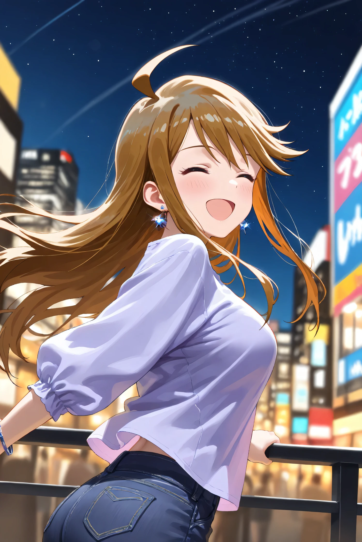 (Masterpiece), (Highest quality), (Very detailed),
(The best shape), (Best Shadow), (Absurd),
(Detailed background), (So beautiful), (Shiny),
(Extraordinary), (Countershading), (8k), (32K),
(High resolution), (Very Detailed CG), (UHD),
(Score_9), (Score_8_up), (Score_7_up),
(Source_anime), (Pastel painting:1.2),
(Watercolor painting:1.2),(Masterpiece, Detailed:1.2), (Foreshortening:1.2),
(Cinematic), (Dramatic), (Depth of field:1.4),
(Blurry background:1.4), (Realistic background:1.4),
(Dynamic angle), (1 girl),
(Outdoor), (Wind), (Japan), (Big city), (Night),
(Night view), (starry sky),
(Casual wear:1.3),
(black underwear),
(Vneck shirt), (Lilac shirt), (big shirt),
(medium sleeves shirt:0.8), (Shirt hem),
(purple short denim:1.2),
(one bracelet), (Earrings),
(Portrait), (from side), (dynamic pose),
(Focus on face), (Close up shot),
(Blush:1.3), (smile), (happy), (open mouth),
(looking back), (her eyes closed),
(Realistic skin), (Shiny skin),
(Tokoro Megumi),
(The idolmaster million live!),
(t0kor0), (medium breasts), (blue eyes), (brown hair), (swept bangs), (sidelocks), (ahoge), (long hair),