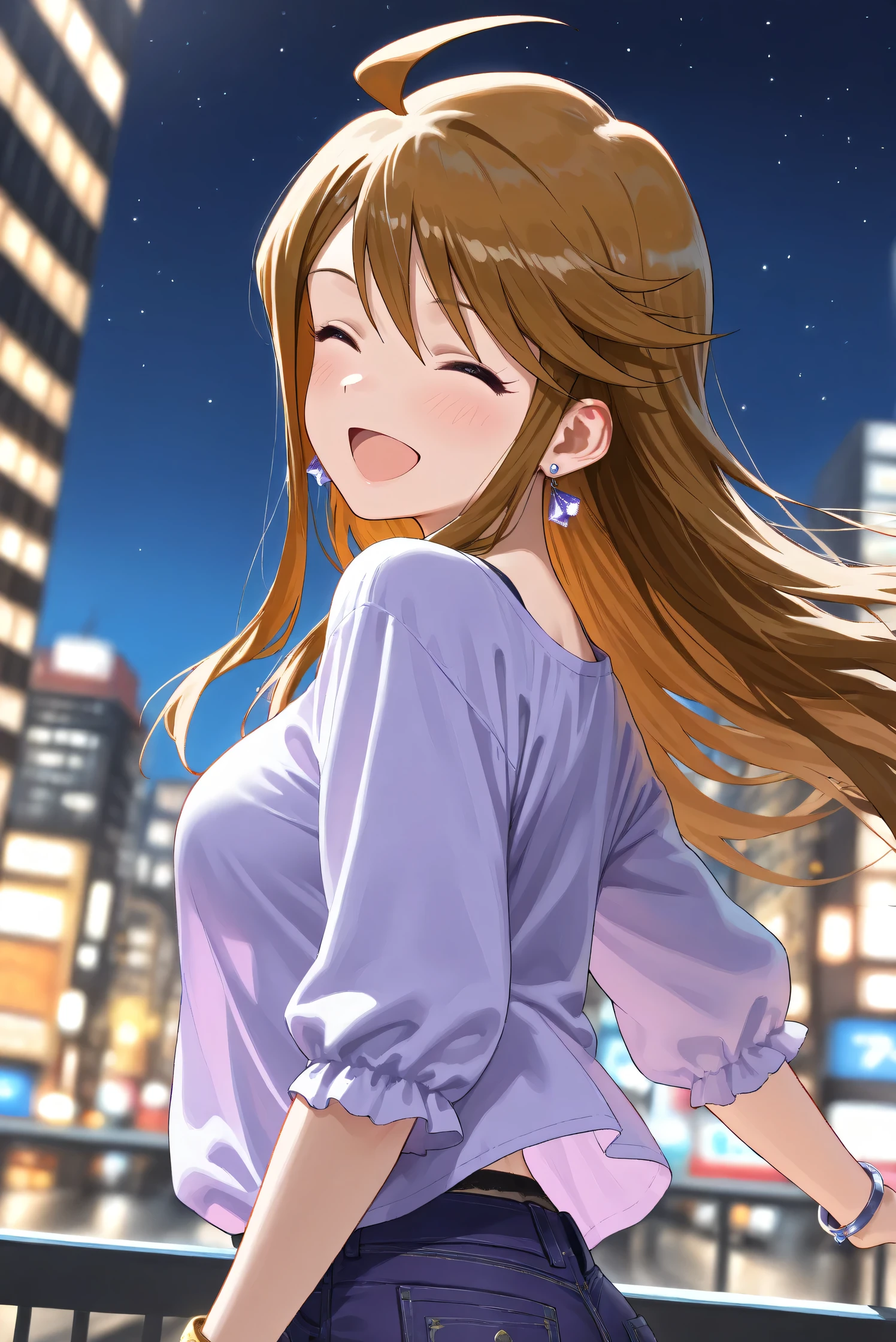 (Masterpiece), (Highest quality), (Very detailed), 
(The best shape), (Best Shadow), (Absurd), 
(Detailed background), (So beautiful), (Shiny), 
(Extraordinary), (Countershading), (8k), (32K), 
(High resolution), (Very Detailed CG), (UHD),

(Score_9), (Score_8_up), (Score_7_up), 
(Source_anime), (Pastel painting:1.2), 
(Watercolor painting:1.2),(Masterpiece, Detailed:1.2), (Foreshortening:1.2),

(Cinematic), (Dramatic), (Depth of field:1.4),
(Blurry background:1.4), (Realistic background:1.4),
(Dynamic angle), (1 girl),
(Outdoor), (Wind), (Japan), (Big city), (Night), 
(Night view), (starry sky), 

(Casual wear:1.3),
(black underwear),
(Vneck shirt), (Lilac shirt), (big shirt),
(medium sleeves shirt:0.8), (Shirt hem),
(purple short denim:1.2),
(one bracelet), (Earrings),

(Portrait), (from side), (dynamic pose),
(Focus on face), (Close up shot),
(Blush:1.3), (smile), (happy), (open mouth), 
(looking back), (her eyes closed), 
(Realistic skin), (Shiny skin),

(Tokoro Megumi),
(The idolmaster million live!),
(t0kor0), (medium breasts), (blue eyes), (brown hair), (swept bangs), (sidelocks), (ahoge), (long hair),