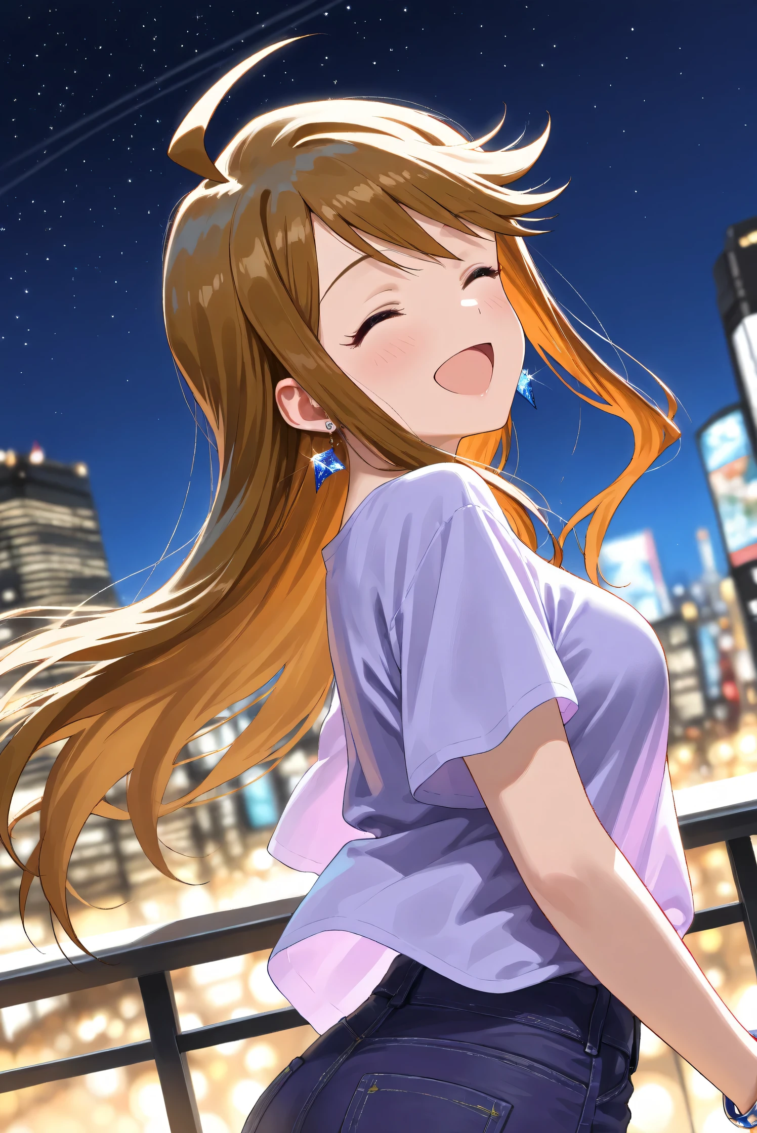 (Masterpiece), (Highest quality), (Very detailed),
(The best shape), (Best Shadow), (Absurd),
(Detailed background), (So beautiful), (Shiny),
(Extraordinary), (Countershading), (8k), (32K),
(High resolution), (Very Detailed CG), (UHD),
(Score_9), (Score_8_up), (Score_7_up),
(Source_anime), (Pastel painting:1.2),
(Watercolor painting:1.2),(Masterpiece, Detailed:1.2), (Foreshortening:1.2),
(Cinematic), (Dramatic), (Depth of field:1.4),
(Blurry background:1.4), (Realistic background:1.4),
(Dynamic angle), (1 girl),
(Outdoor), (Wind), (Japan), (Big city), (Night),
(Night view), (starry sky),
(Casual wear:1.3),
(black underwear),
(Vneck shirt), (Lilac shirt), (big shirt),
(medium sleeves shirt:0.8), (Shirt hem),
(purple short denim:1.2),
(one bracelet), (Earrings),
(Portrait), (from side), (dynamic pose),
(Focus on face), (Close up shot),
(Blush:1.3), (smile), (happy), (open mouth),
(looking back), (her eyes closed),
(Realistic skin), (Shiny skin),
(Tokoro Megumi),
(The idolmaster million live!),
(t0kor0), (medium breasts), (blue eyes), (brown hair), (swept bangs), (sidelocks), (ahoge), (long hair),