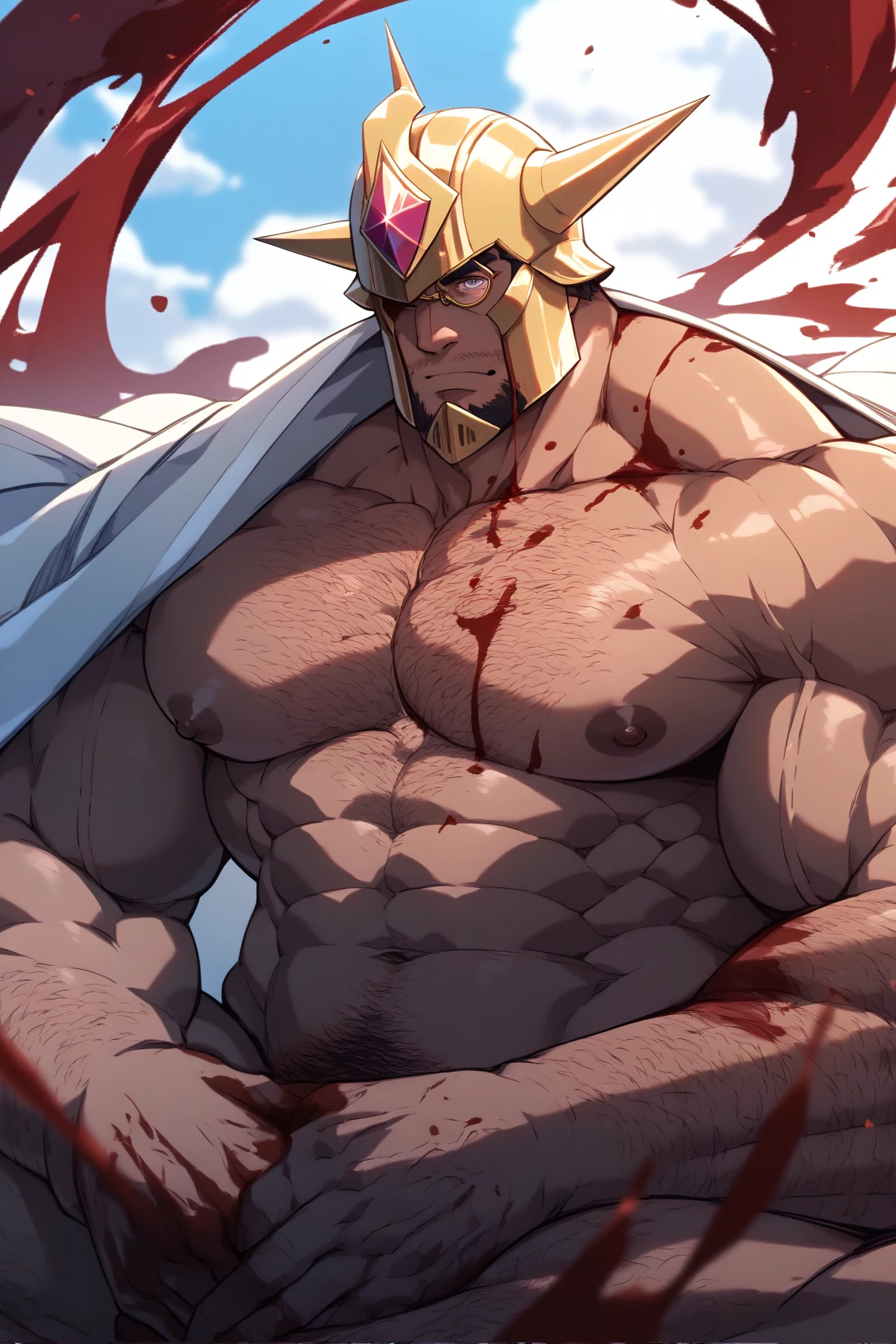 Full body image "(Highest quality, 8k, ultra-detailed, Realistic:1.2), Portraiture,, Muscular, Calm, Fearless smile, detailed, Blonde, strict, Intimidating, Powerful, Show off his strength", Brainwashed and possessed by a demon,Controlled by an evil heart,Demon body and wings,(((Huge penis))),Very large muscles,Full body images,The lower half of the body is hairy like an animal.,nsfw,Drooling from a wide open mouth,sex,2boy~4boy,Blood vessels throughout the body,Cloud Strife and Son Goku two-shot,2 people,Wearing armor