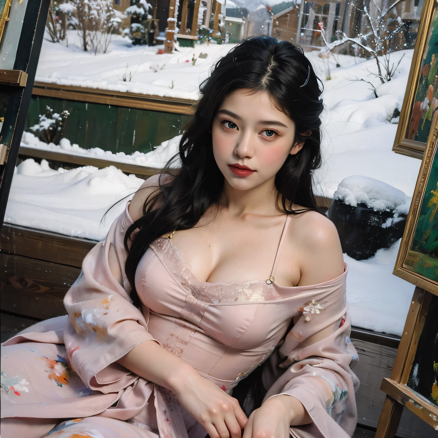 Best quality, masterpiece, portrait, young latina woman, looking straight at viewer, wearing simple green floral strapless gown, standing, hands stretched, detailed face, detailed body, symmetric face, big cute eyes, dynamic pose, tattooed hands, deep cleavage, perfect anatomy, photorealistic, slim body, black braid hair, 8k, ultra realistic, snowy village, winter, cinematic, depth of field, ambient occlusion