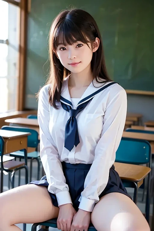 high quality,tall,beautiful long legs. A sailor uniform with a lot of skin exposure, Short skirt,In the school classroom、Look here、Smiling alluringly. Erotic. R-18.
