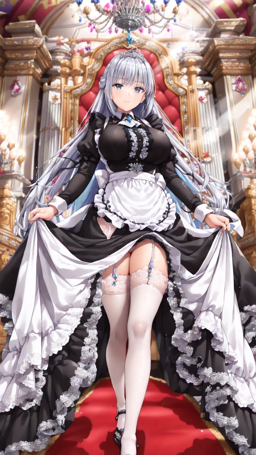 Dynamic Angle,Long silver hair,Red eyes,fine grain,She has a voluptuous body with beautiful large breasts,Very beautiful long legs.,Black knee-highs,garter,Perfect body, (masterpiece, Highest quality:1.2),Maid, headdress,apron,Are standing