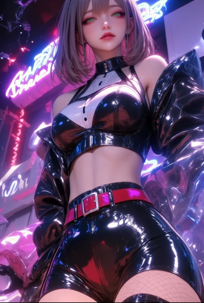 cute, woman, Sexy Face, Yellow Eyes, Gray Hair, The body is slim, Sexy pose, Pink tights, Mecha, Neon Signs, Leading the Night City, View from above, high quality, Realistic, Beautiful light, Full details, Black background