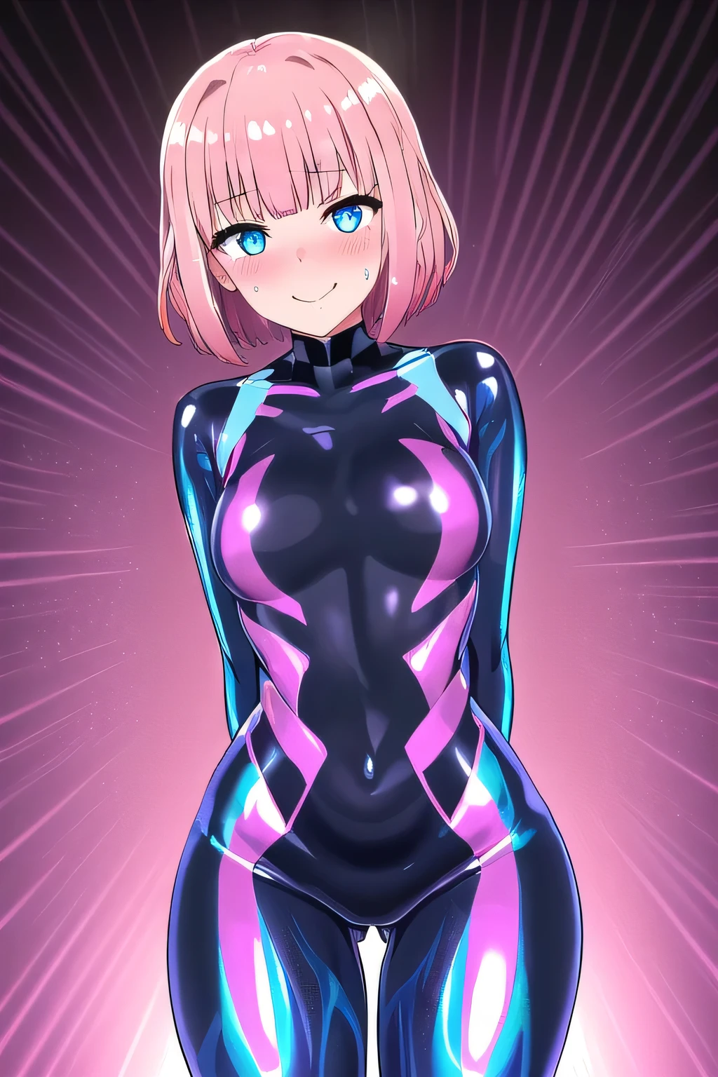 girl,boyish, very short hair, pink Hair, medium Breasts,Black glossy tight suit,Cowboy Shot,blush,sexy face,blue eyes,front leg pose,Tight fit,clearly,Striped pattern, (white background:1.3), 