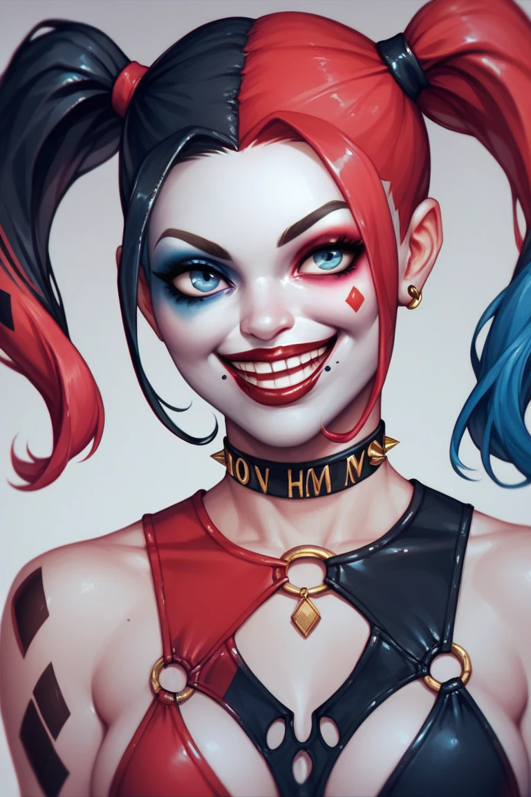 ultra realistic, photography, long red hair, girl, 24 years old, hourglass figure, perfect body, Flirty look, extremely detailed artgerm, in the style artgerm, small breasts, facing the camera, lens 35 mm, blur background, red and blue Harley Quinn costume (suicide squad movie), lively costume as background, laughing detailed mouth, mesmerizing mouth, high definition mouth, focus on face, best quality, detailed, absurd resolution, absurd detail, intricate details, vibrant colors, ultra-realistic,  open mouth,