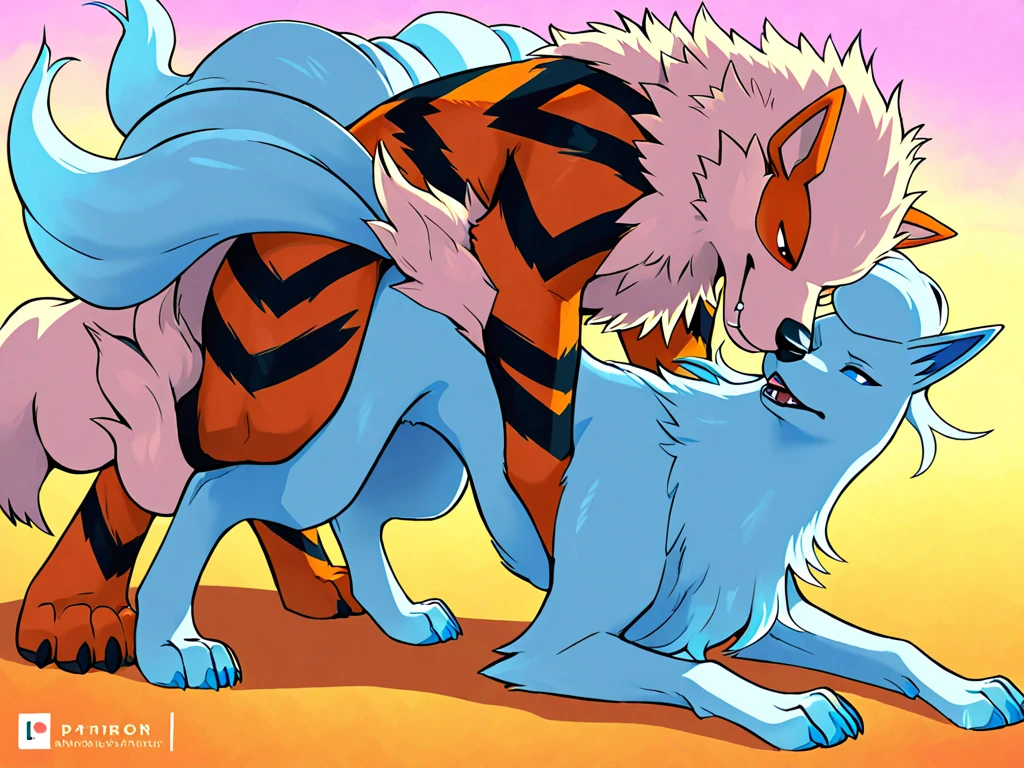 Feral pokemon arcanine humping Lucario in the forest
