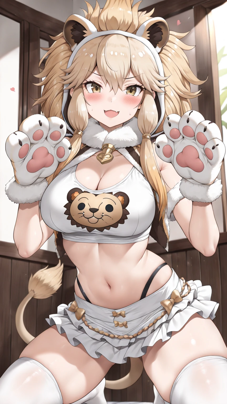 1 solo female gazed (blindfolded), animal tiger ears, animal tiger hands, animal tiger print, bell, bikini, breasts, choker, claws, cleavage, collar, full body, gloves, large breasts, pink lips, long hair, looking at viewer, navel, neck bell, on bed, tiger paw gloves, tail, thigh highs, tiger ears, tiger print, tiger tail, white long hair, sitting on bed bedroom background
