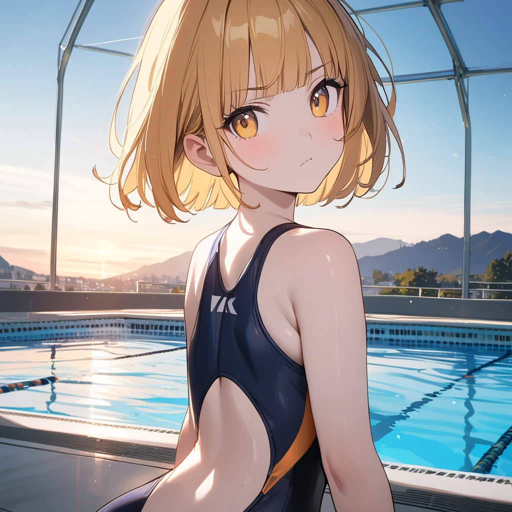 ultra-Top-quality by art God, ultra-detailed, high resolution, shinkai makoto style, anime moe artstyle, best anime 8k konachan wallpaper, pixiv contest winner, perfect anatomy, break,(Please draw a picture of a girl in a swimsuit sitting sleepily on a bench by the poolside alone.),break, a hyperrealistic school girl, (Solo,lolita, kid, 13-year-old:1.3),Full limbs, complete fingers, androgynous charm, (very short hair), wet hair, small breasts,slender body, Small butt, groin, Small black eyes,hanme,beautiful detailed eyes, well-proportioned iris and pupils, sleepy eyes, highres detailed hair, swimsuit, wet swimsuit, bare shoulders, thighs, in the school pool. break,super detailed skin, shiny skin, Best lighting powered by famous artist, 8k, illustration,UHD, textured skin,break,((artist:mattaku_mousuke )), artist:clamp ,artist:carnelian ,artist:kantoku ,