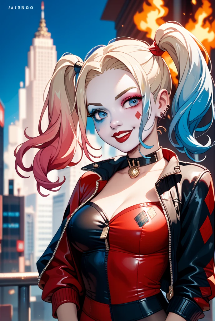 (((libro))), (((enciclopedia))) de harley quinn tapa dura, muy gastado, aos 70, puesto en una mesa