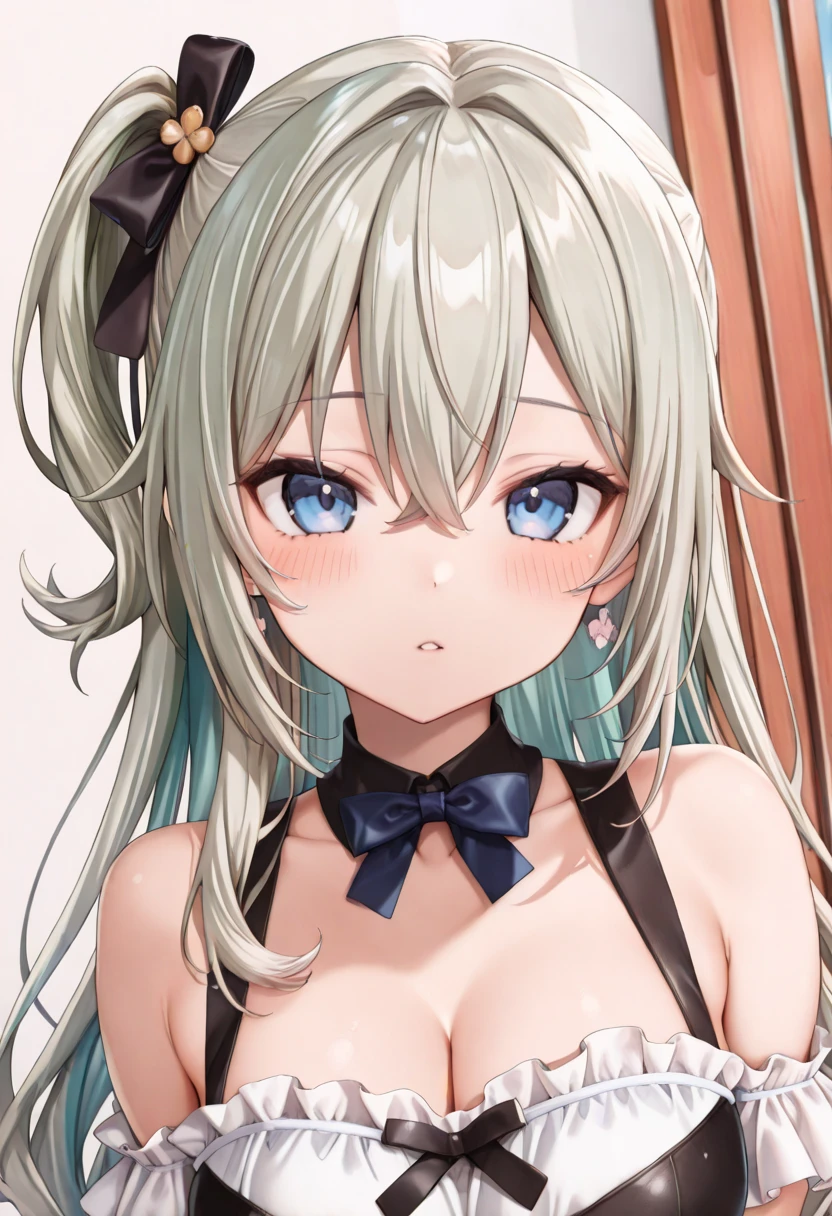masterpiece, best quality, 1girl, solo, <lora:shirogane_kei_v10:0.6>, shirogane kei, blue eyes, long hair, bangs, grey hair, black hairband, hair between eyes, medium breasts, lingerie