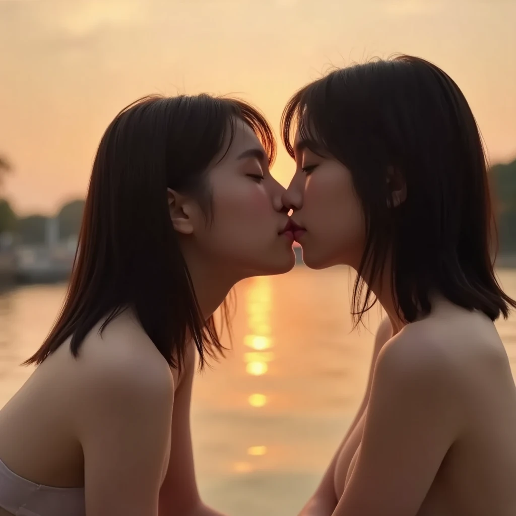 masterpiece, best quality, sexual act,2girls, kissing, masturbation, smile, from side, touch each other's genitals, spread legs, outside, naked, in front of a crowd of naked people