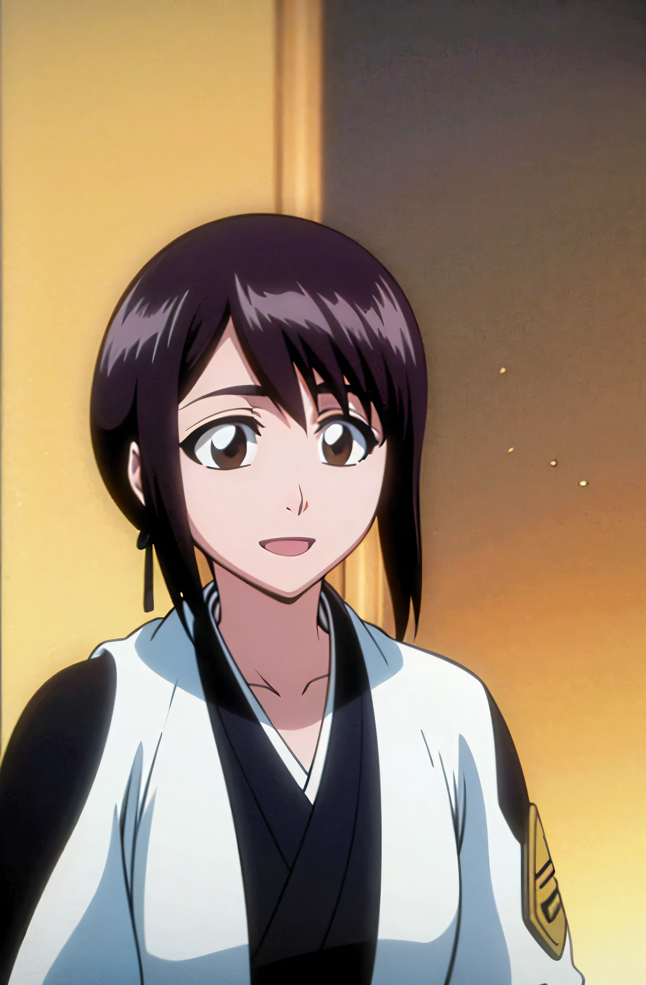 Masterpiece, top quality , one girl from the side , romantic love , black hair, single ,straight long hair, Vancouver, brown eyes, Hair bangs, kimono, white sleeveless coat ,Captain's coat without white sleeves, black kimono , smile, alone, I'm looking for , simple background ,