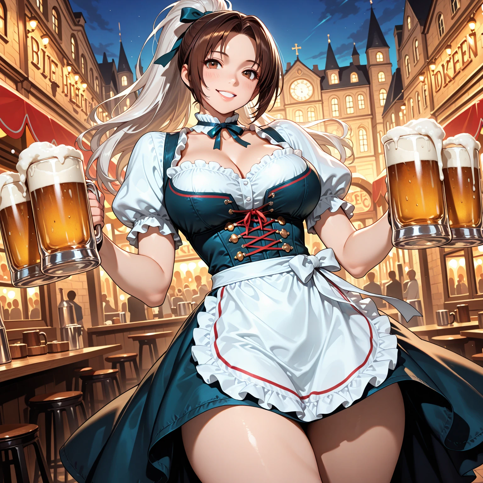 best quality,
(overweight, milf, madame, mature female, aged up, 29yo:1.3), hair scrunchie, green eyes,
1girl ,solo,
inuyamaaoi, long_hair, breasts, bangs, brown_hair, hair_ornament,, side_ponytail, swept_bangs, thick_eyebrows, hair_bobbles, skin_fang, green eyes , calm, silent smile,
breasts, beer mug, cleavage, beer, large breasts, mug, outdoors, cup, alcohol, smile, looking at viewer, open mouth, holding, short sleeves, skirt, day, holding cup,, collarbone, red skirt, bangs, solo focus, shirt, :d, german clothes, 1girl, puffy short sleeves, waitress, table, dirndl, puffy sleeves, multiple boys, sky, frills, underbust, cloud, building, multiple girls, blue sky,