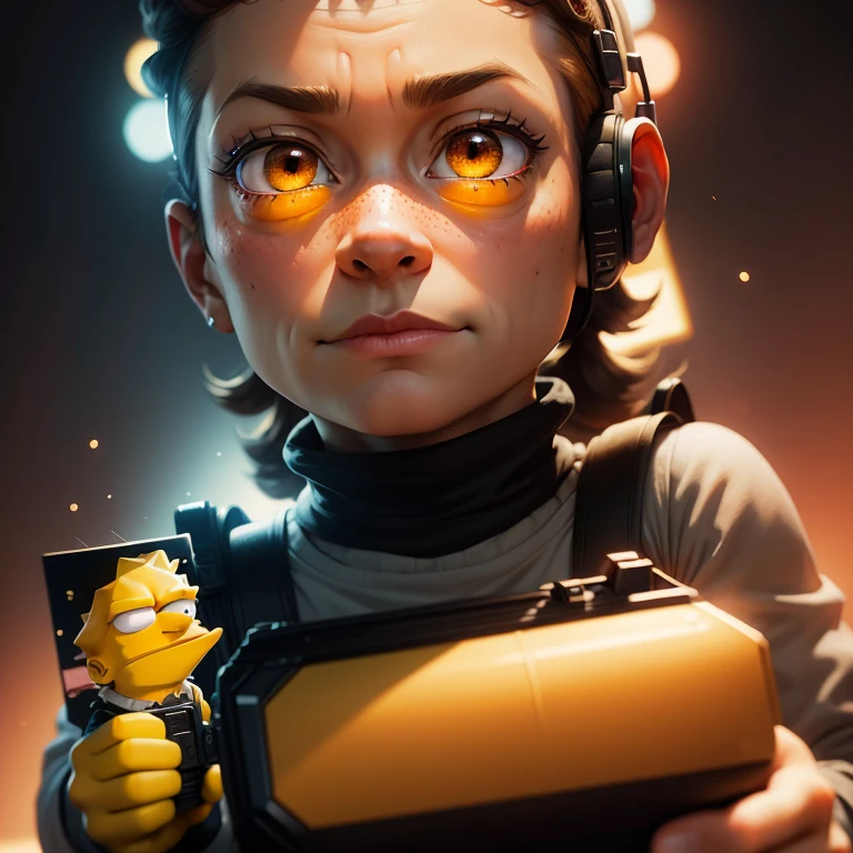 A Modern flat toon Crazy whit a Big ONE a Only Eye Robot and helmet Style, tongs in hands, Tv head, pinhead, camouflage Yellow White Rusty, Ambient in a meteorite crater super detailed, center, beautiful, soft lighting, focused on the character, 4K resolution, photorealistic rendering,