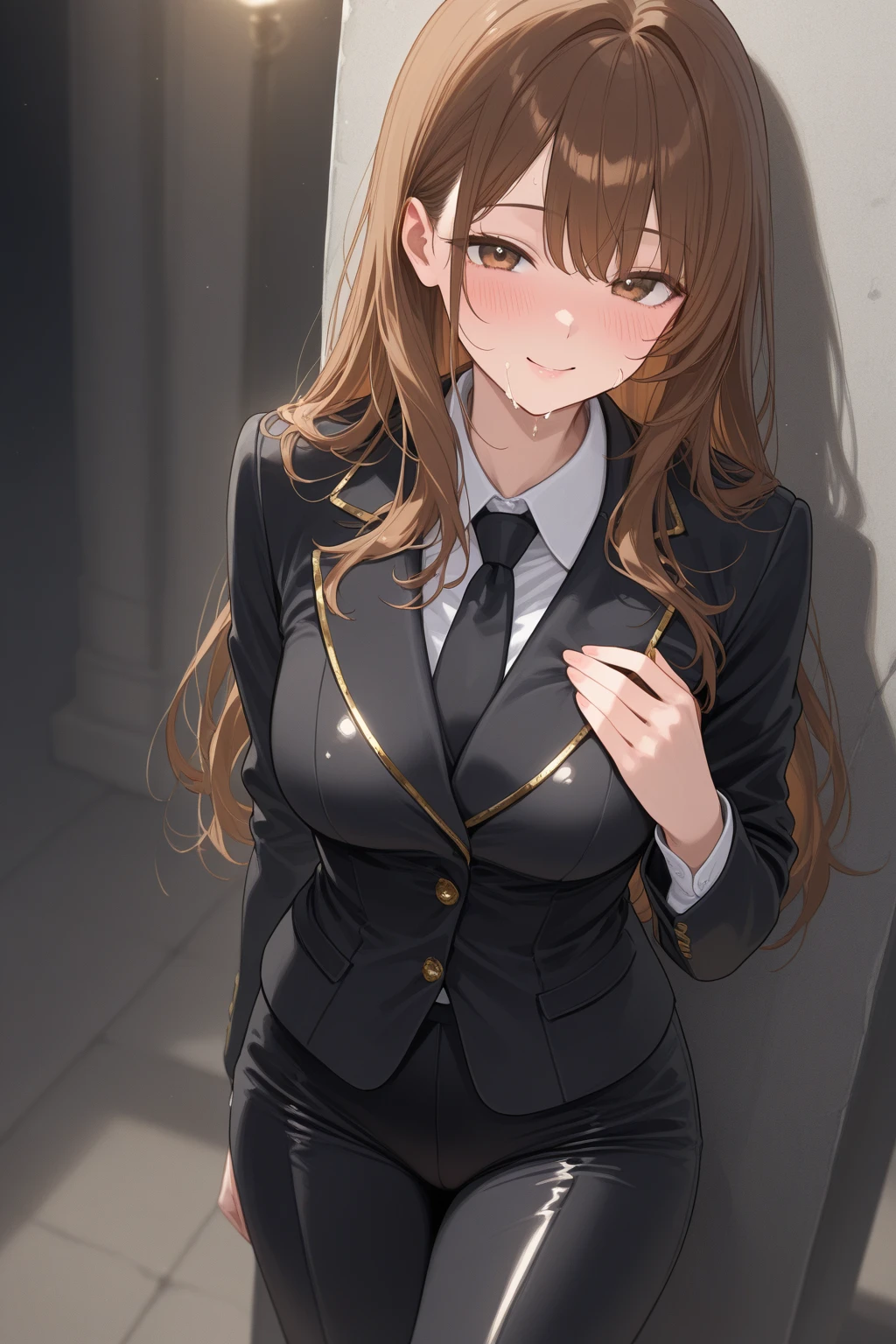 /(Front focus), /(Front view,), /(Focus on girl,), A beautiful girl, high school student, sitting on a chair, beside the window, lustfully lifting up her skirt with her hands while looking at the viewer in a flirtatious and horny way, touching her crotch over her clothes, caressing her legs with one hand, closing her eyes, moaning, leaning against the back of the chair, breathing heavily, blushing, sweat and wet body, /(extremely long straight hair, almond-shaped eyes, hourglass-shaped athletic body, Big chest, medium hip, medium waist, shapely legs, perfect fingers, Greek nose, perfect hands, triangular face,), /(uniform: white V-neck blouse long sleeves, gray pleated mini skirt, black satin blazer with gold buttons, black thigh-high stockings held up by garters,),