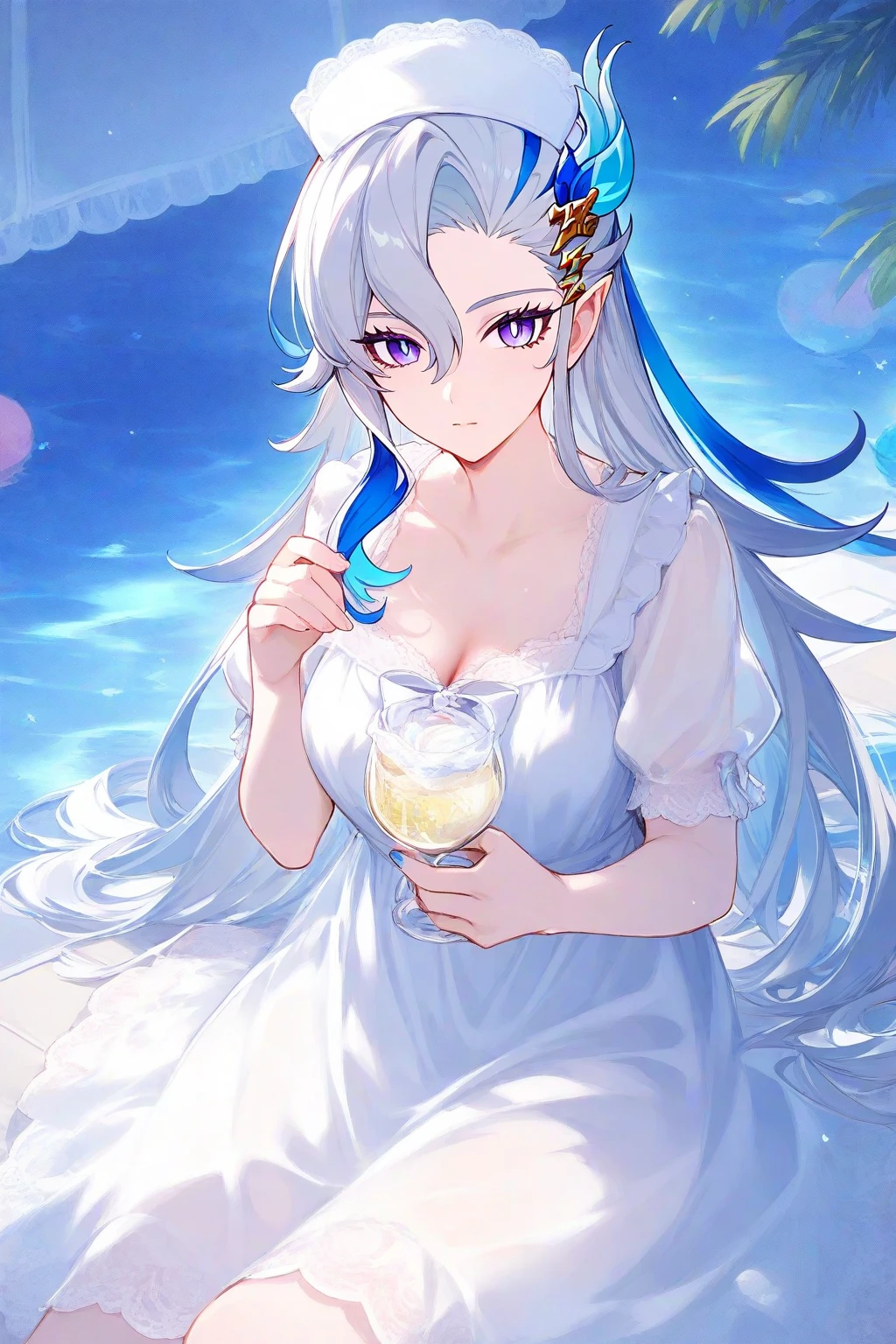 <lora:freya-000008-Copy1:1>,(master piece:1.3),(best quality:1.3), cowboy shot, (1girl:1.2), solo,medium breasts, (seductive smile:1.3), standing, looking at viewer, (sea:1.3),(starry sky:1.3) ,beach, water,<lora:pastelMixStylizedAnime_pastelMixLoraVersion:0.8>