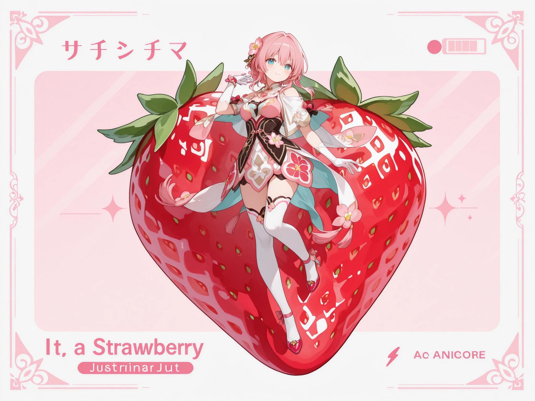 Simulator to the orginal just a different but dynamic pose with accurate anatomy. Cute pink and mabye some strawberry design elements, full body, close to camera